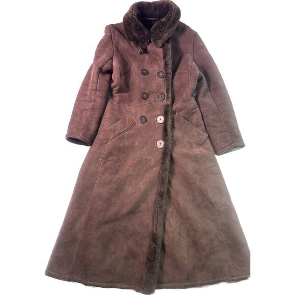 VTG Women’s Double-Breasted Suede Shearling sheepskin Long Brown Coat Size 12 - Picture 9 of 11
